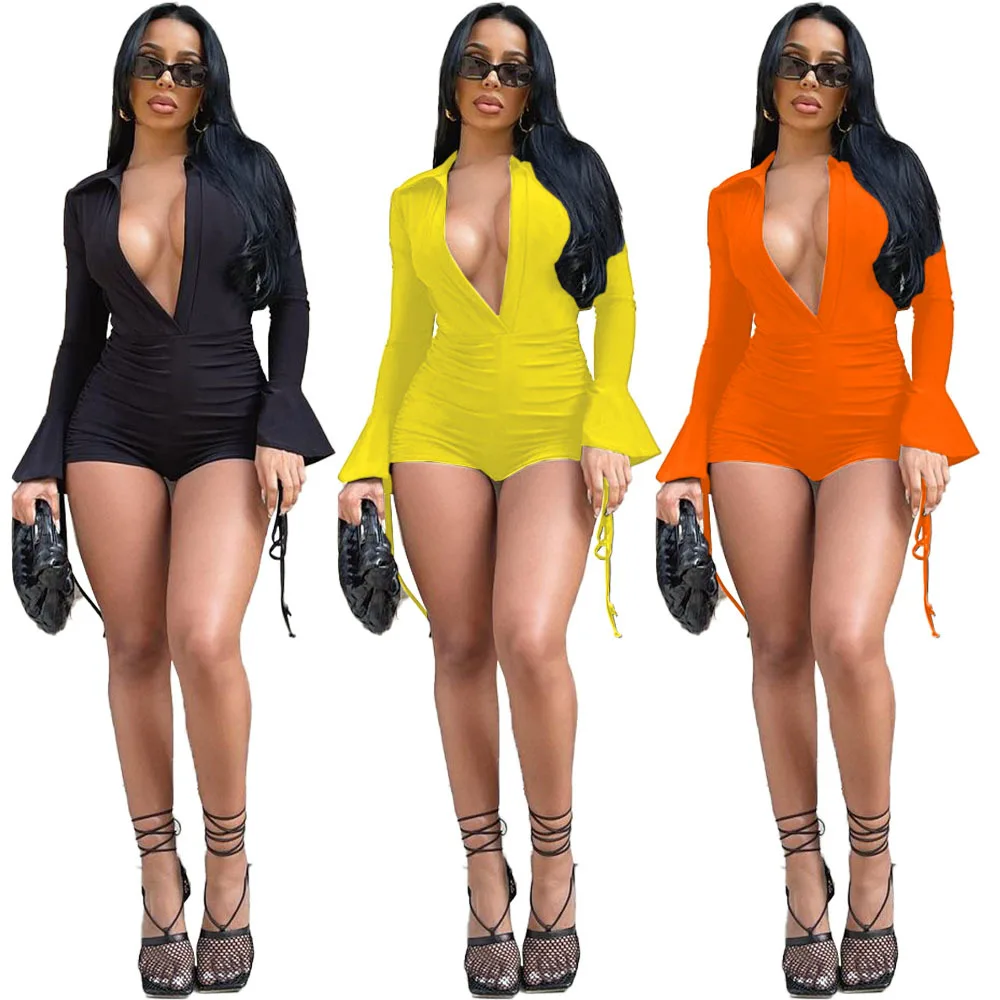 

Summer Women Short Jumpsuit Solid Color Lotus Leaf Long Sleeve Folds Black Ladies Sexy Tight Jumpsuits Casual Women Clothing