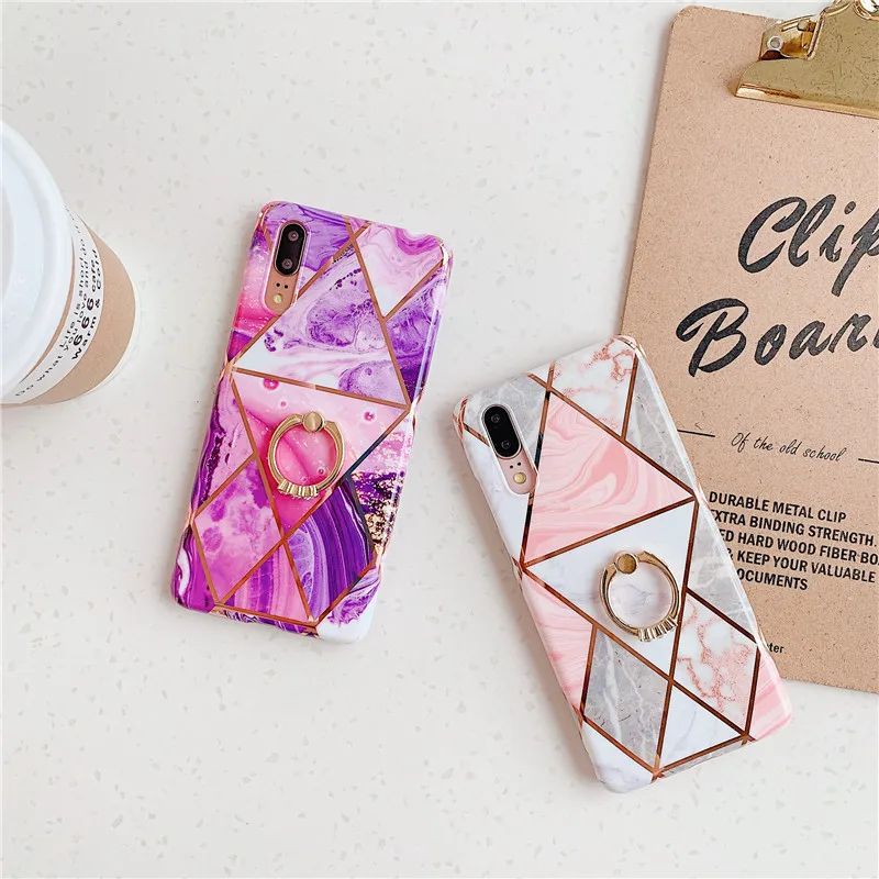Lovebay New Phone Case For Huawei P30 P20 Pro Lite Mate 20 Soft IMD With Finger Ring Holder Geometric Marble Back Cover |