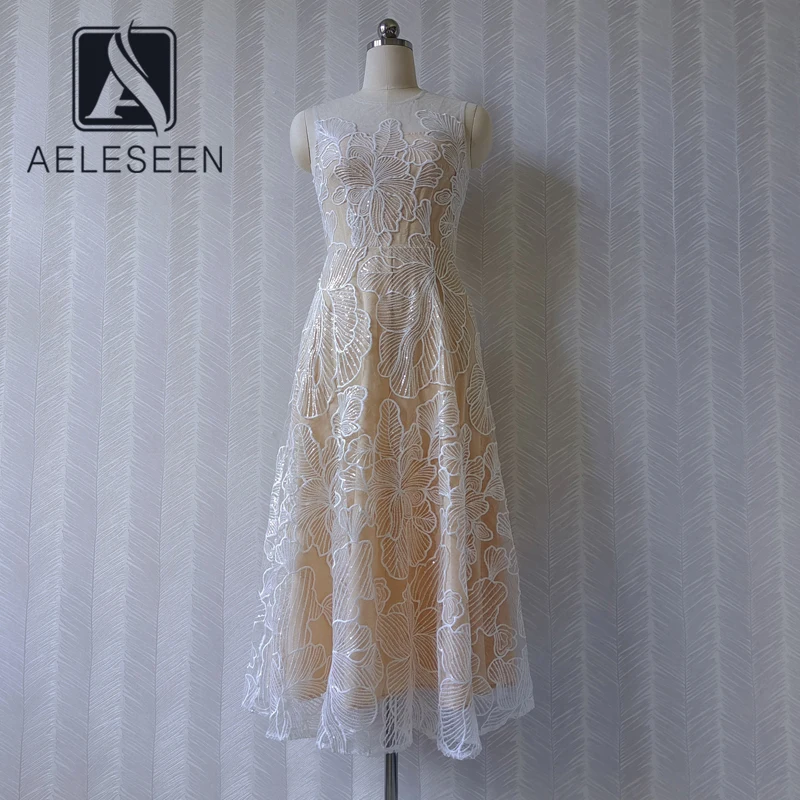 

AELESEEN Runway Fashion Summer Dress Women 2021 Sleeveless High Quality Sequined Flower Embroidery Long Party Holiday Dress