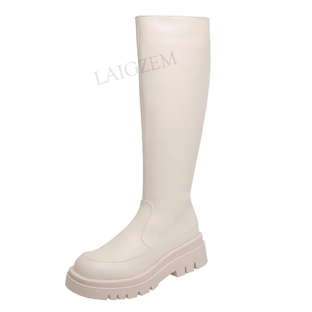 

LAIGZEM Women Knee High Boots Full Zip Up 5.5CM Square Heels Boots Faux Leather Comfort Shoes Woman Bota Mujer Big Size 38 4143