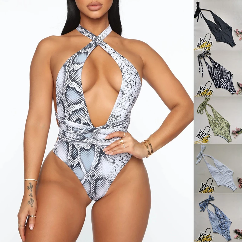 

Цельный купальник из змеиной кожи с принтом зебры, женское сексуальное бикини с ремешком, бандо, стринги, Бразильский купальный костюм, купа...