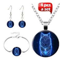 snow wolf starry sky wolf cabochon glass pendant necklace bracelet earrings jewelry set totally 4pcs for womens fashion jewelry
