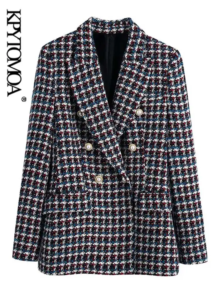 

KPYTOMOA Women Fashion Tweed Double Breasted Blazer Coat Vintage Long Sleeve Flap Pockets Female Outerwear Chic Veste Femme