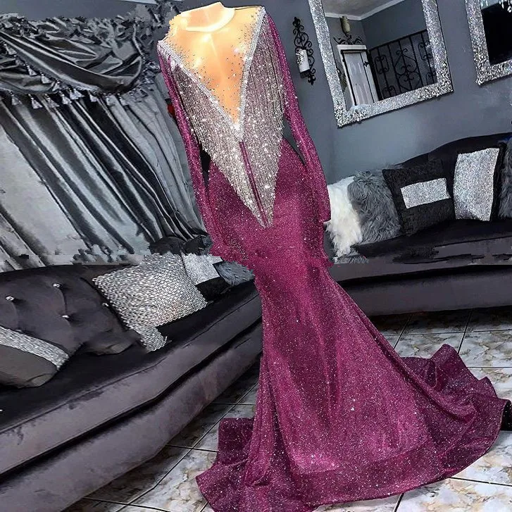 

Purple Evening Dresses Mermaid Scoop Long Sleeves Sequins Sparkle Beaded Dubai Saudi Arabia Long Prom Dress Gown Robe De Soiree