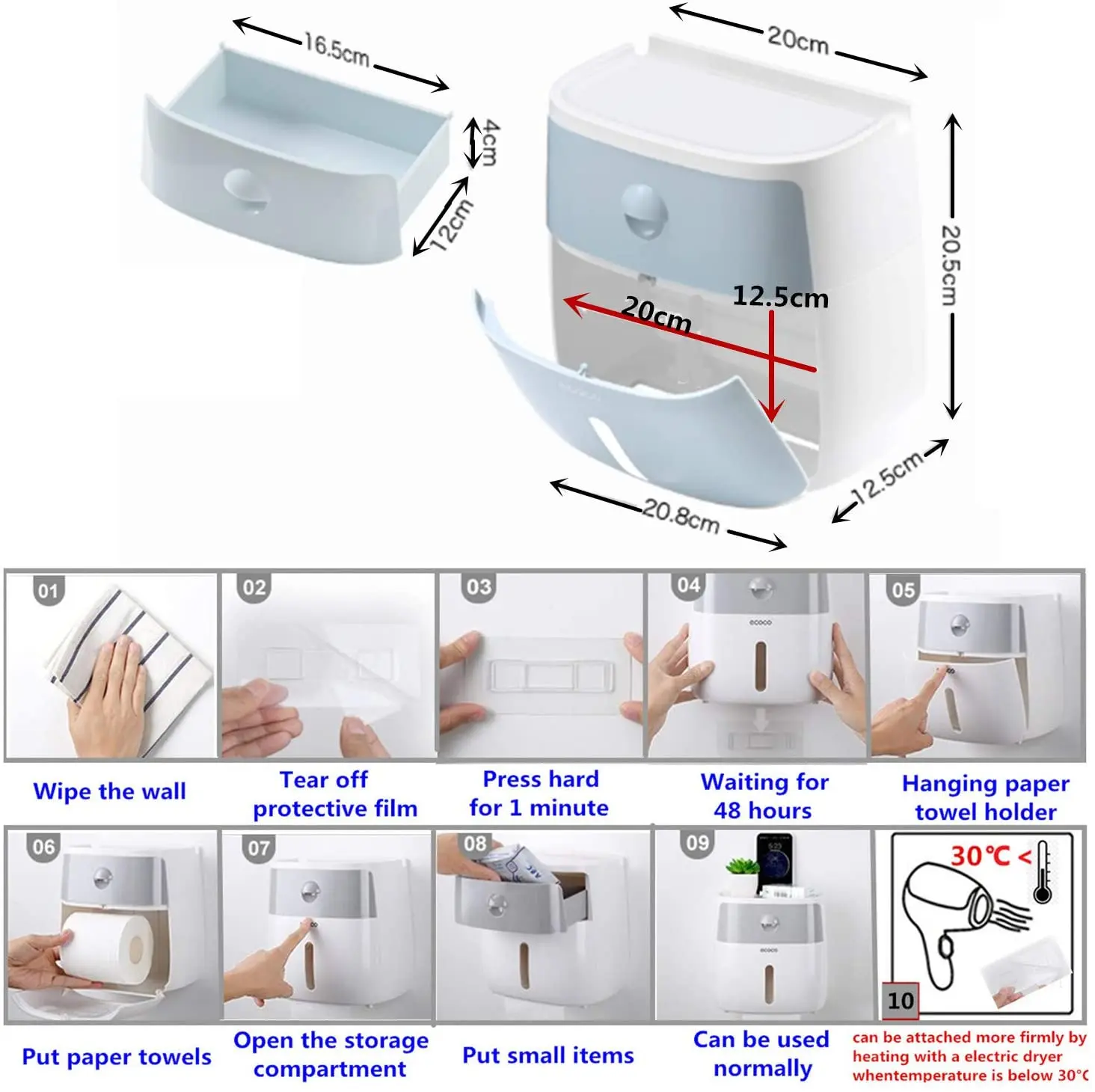Toilet Roll Holder Self Adhesive Wall Mount Toilet Roll Paper Holder Waterproof Dustproof Storage Box for Roll Paper Draw Paper enlarge