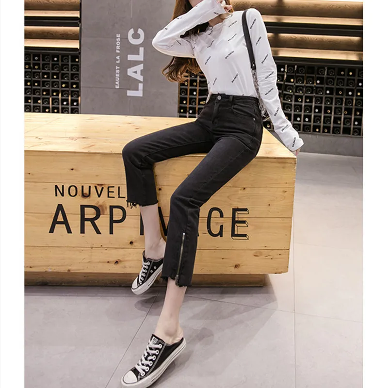 High Waist Jeans Cotton Ankle-Length Pants Spring and Autumn Women's Korean Style Side Zipper Fashion Burr Stretch Straight Tube