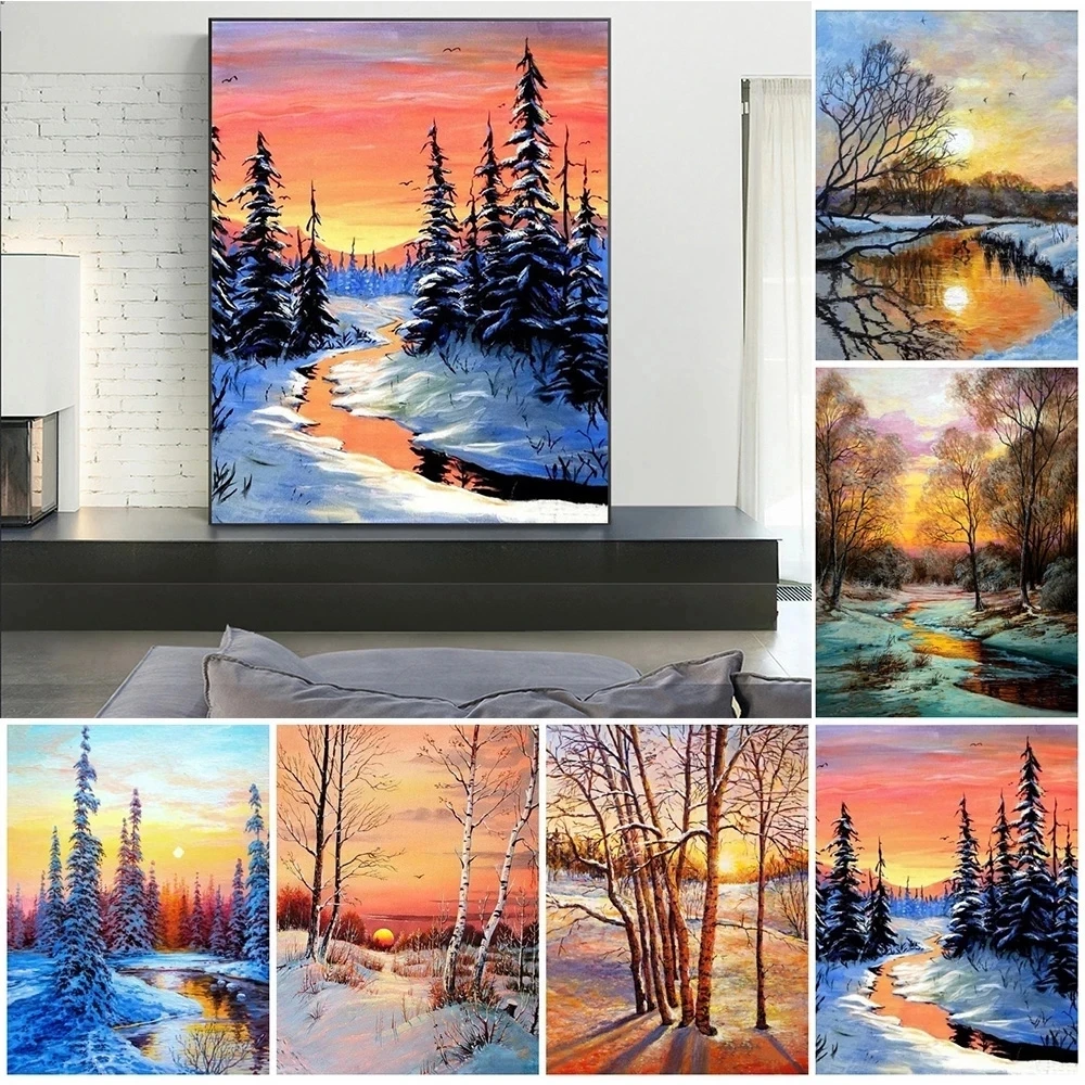 

Winter Forest Scene Diamond Embroidery Decor Snowy Sunset Over River Diy Diamond Painting Full Square Round Rhinestone Mosaic