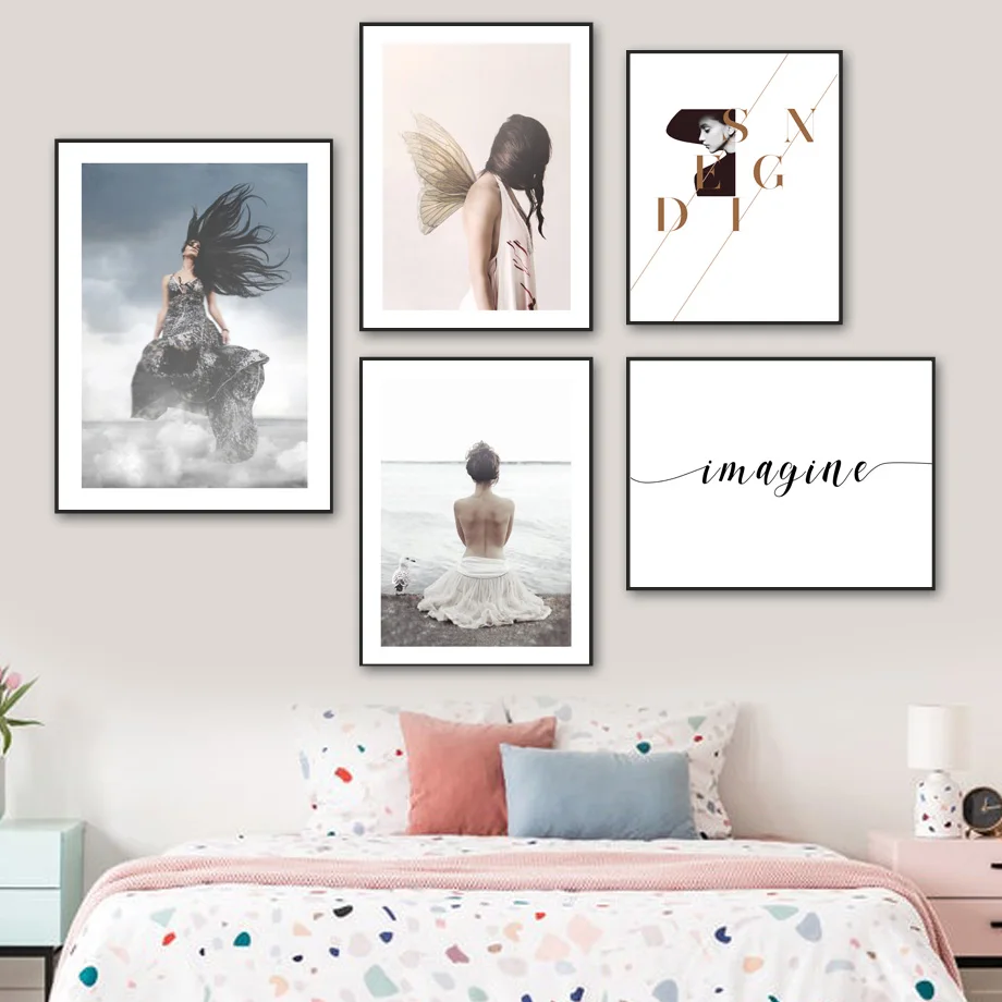 С длинными волосами женщина крыло море Чайки художественная стена с цитатой