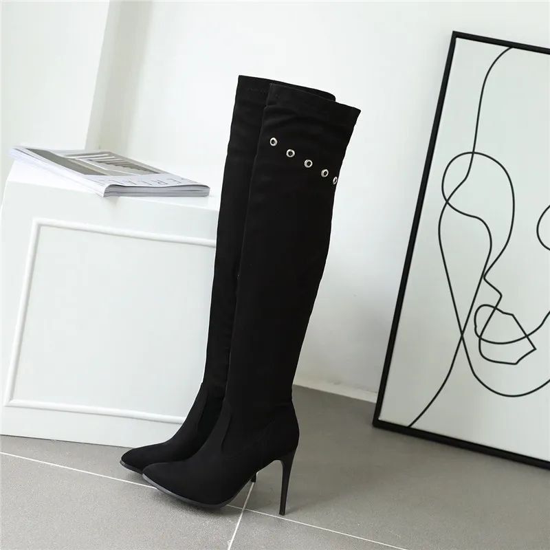 Женские сапоги из флока MORAZORA черные вечерние поги выше колена на тонком высоком