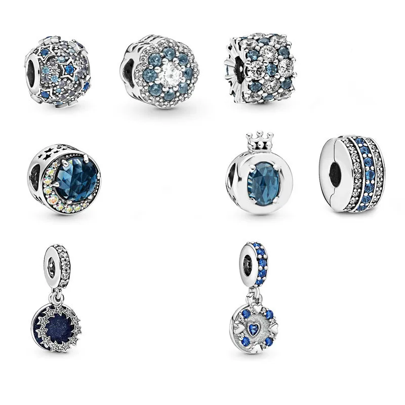 

925 Sterling Silver Moon And Night Sky With Rainbow Crystal Charm Bead Fit Women pan Bracelet & Necklace Jewelry