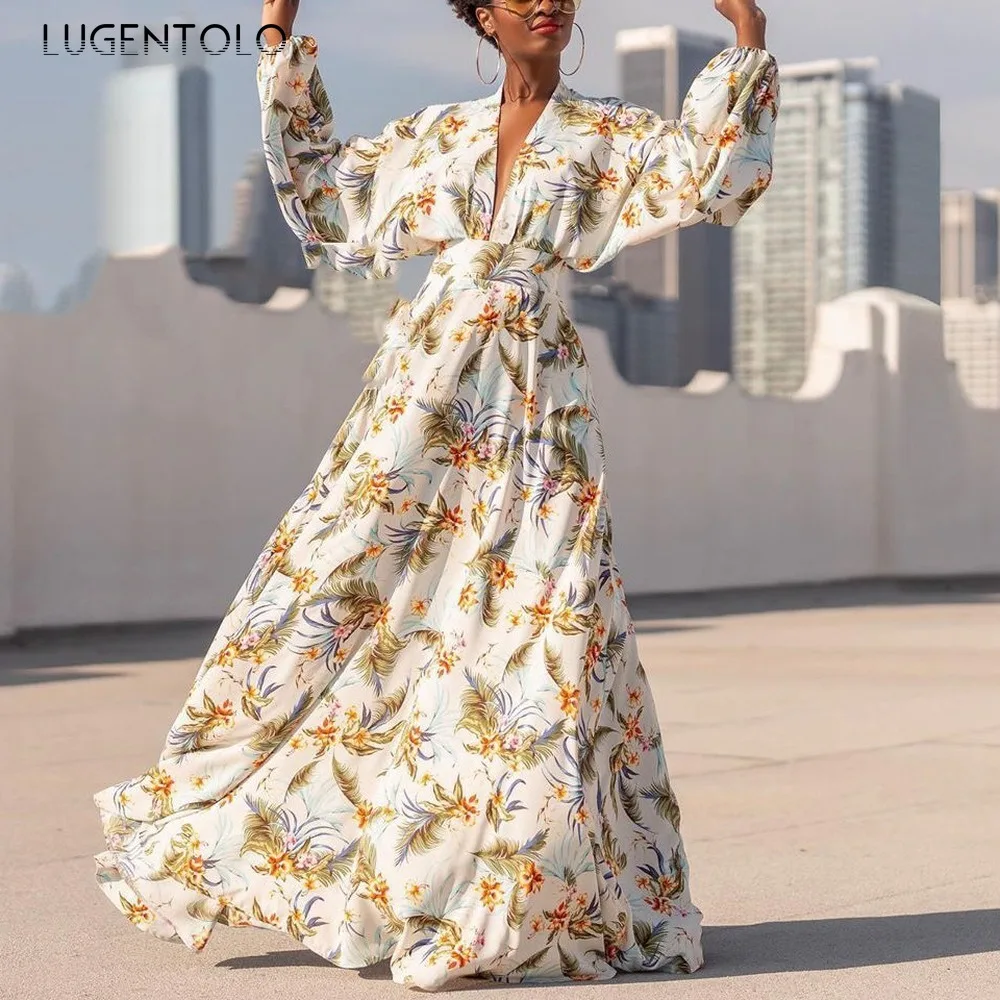 

Lugentolo Maxi Dress Women High Waist Summer New Fashion Print Long Sleeve Loose V-Neck Sexy Womens Party Dress