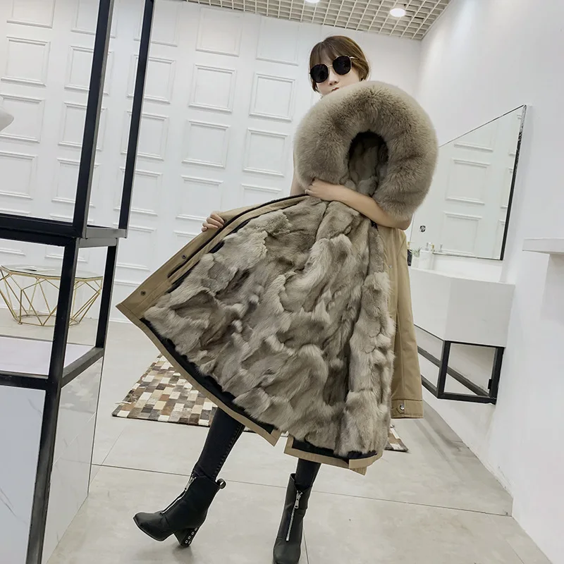 shorter khaki 1 Зимнее толстое теплое пальто из натурального Лисьего меха со съемной подкладкой и капюшоном для женщин, Меховая куртка, верхняя одежда с отделкой из натурального меха - Цвет: shorter khaki 1