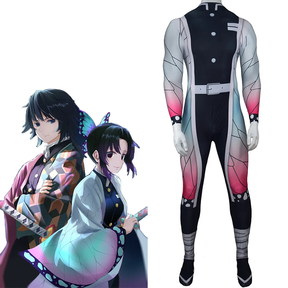 

Anime Demon Slayer Kimetsu no Yaiba Jumpsuit Cosplay Costume Kochou Shinobu Adults One Piece Fullbody Zentai Lycra Bodysuit