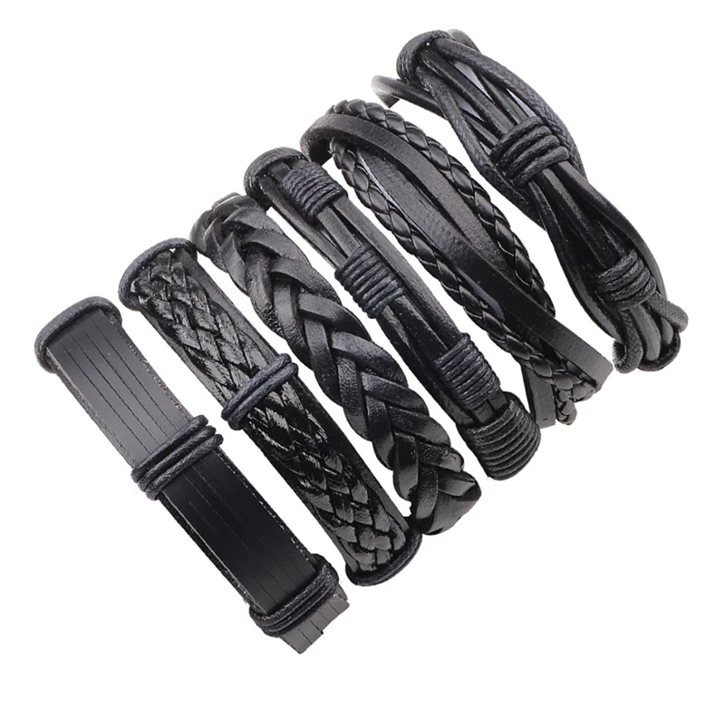 

6PCS Braided Wrap Leather Bracelets Braid Cuff Wrap Bracelet Punk Cuff Bracelets Cuff Wrap Wristbands For Men Hiphop Jewelry