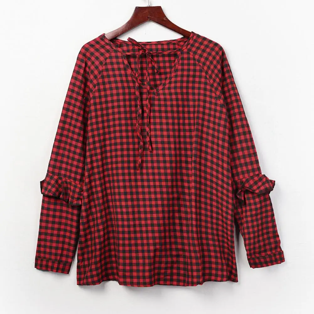 Женская рубашка модная блузка с V образным вырезом длинными рукавами клетчатый