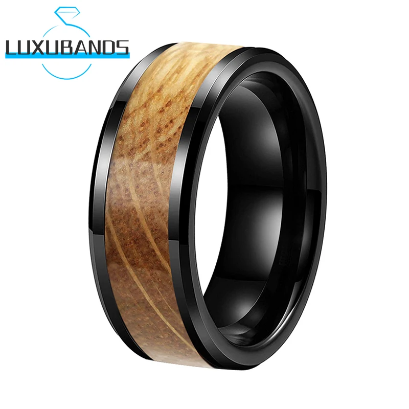 

8MM Tungsten Wedding Rings For Womens Mens 6MM Black Beveled Whiskey Barrel Wood Inlay Engagement Polished Finished Comfort Fit