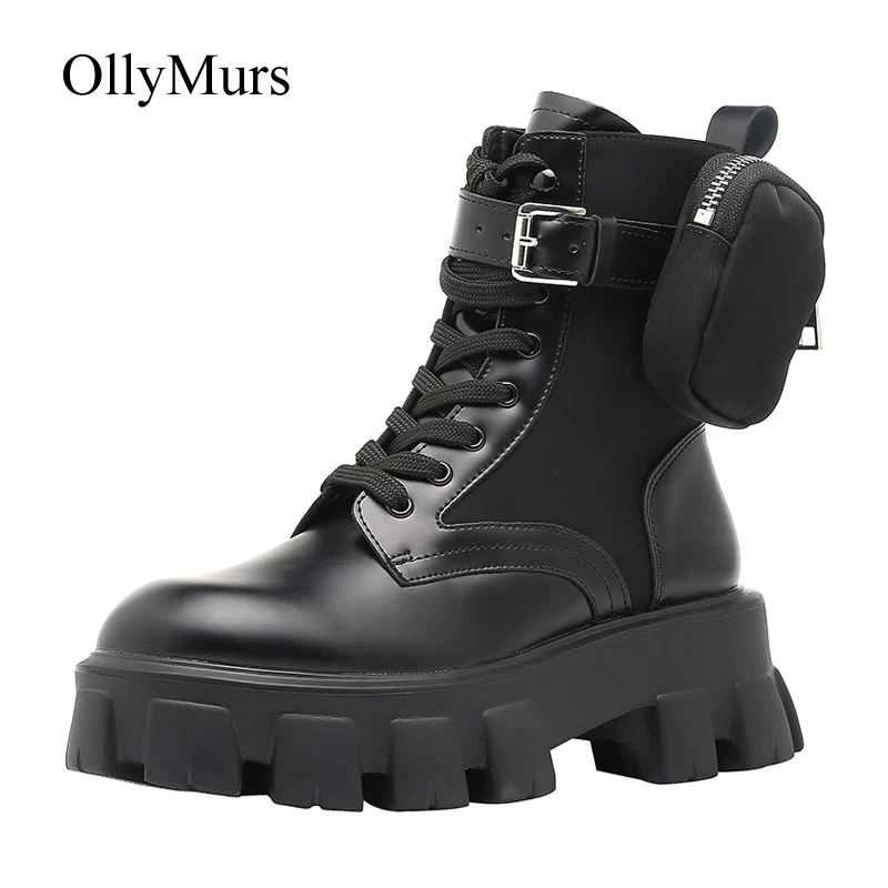 Женские ботинки с карманами Черные ботильоны на шнуровке пряжкой весну