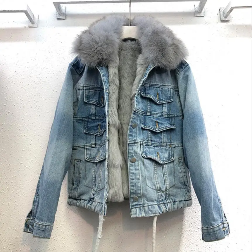 Real Fox fur collar thicker warm denim jacket coat female winter real rabbit fur liner detachable  real fur coats F2087