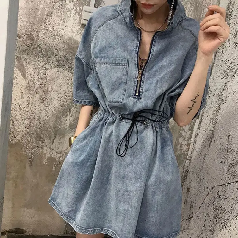 Мини 2021 женское джинсовое платье женский комбинезон А силуэта с талией летние