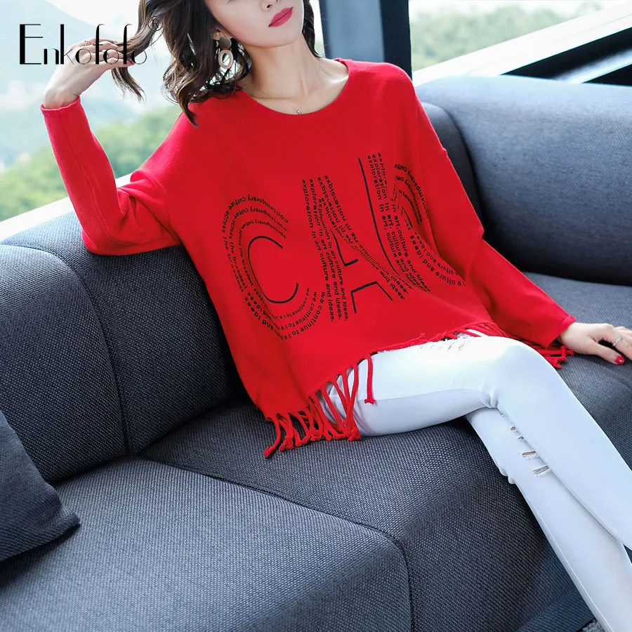 Женский однотонный вязаный свитер с круглым вырезом и кисточками 2019 осень зима