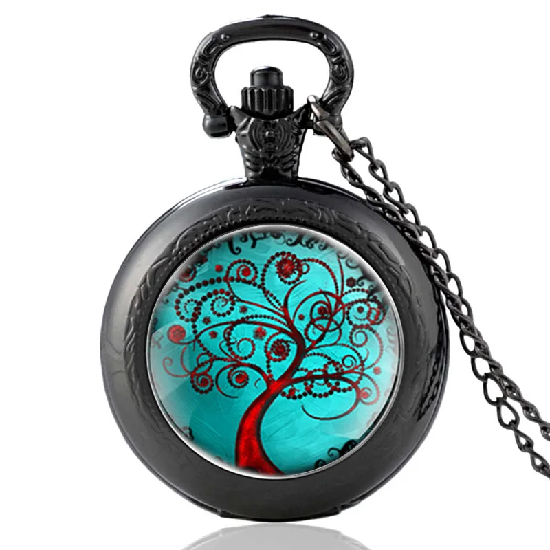 

Black Classic Green Tree of Life Glass Cabochon Quartz Pocket Watch Antique Men Women Pendant Necklace Watches Gifts