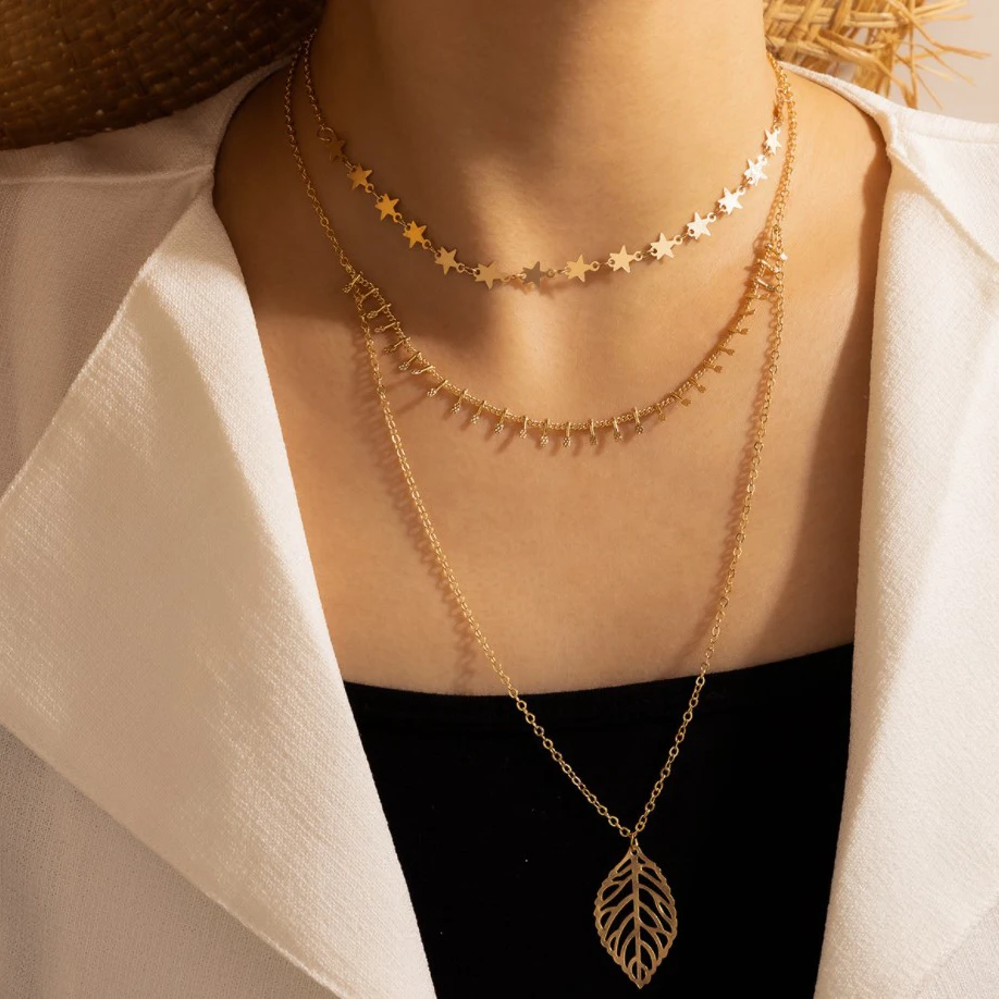 Золотой цвет колье для женщин изготовлено вручную 3 слоя звезды лист кулон цепь
