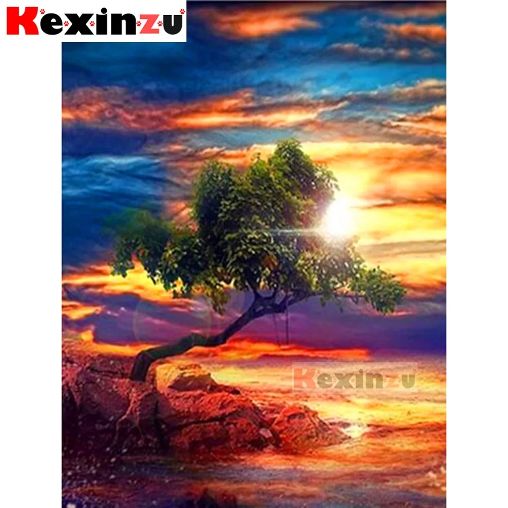 Полноразмерная 5d квадратная/круглая алмазная живопись-Закат по морю-набор для