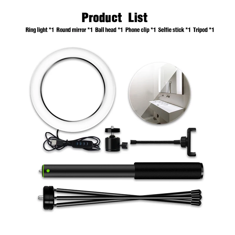 

26cm Ring Light With Tripod Stand Phone Holder Kit Photo Ring Lamp For Makeup Live Stream YouTube Video With Mirror