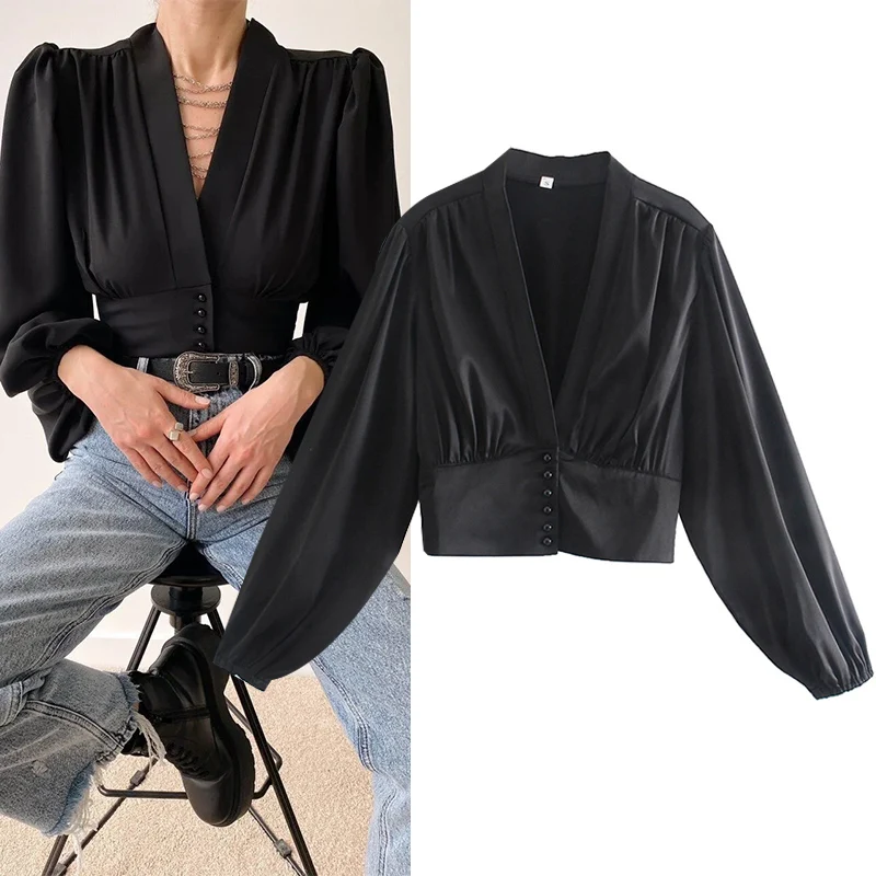 

WESAY JESI 2021 Spring Top Solid Color Shirt Gloss V-neck Single-breasted Simple Casual Long-sleeved Fashion Temperament Shirt