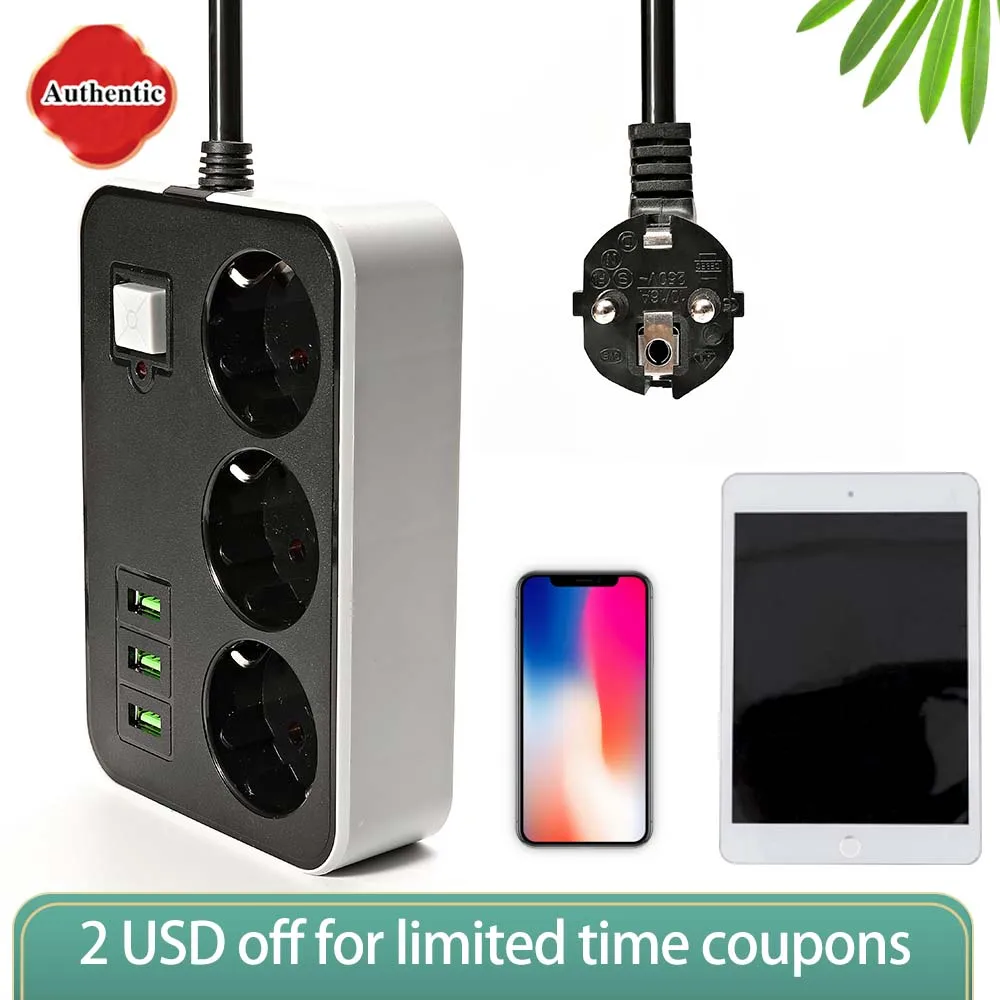 

New upgrade Smart 2 round power board USB travel adapter socket EU 5M extension cord kitchen universal charger power plug