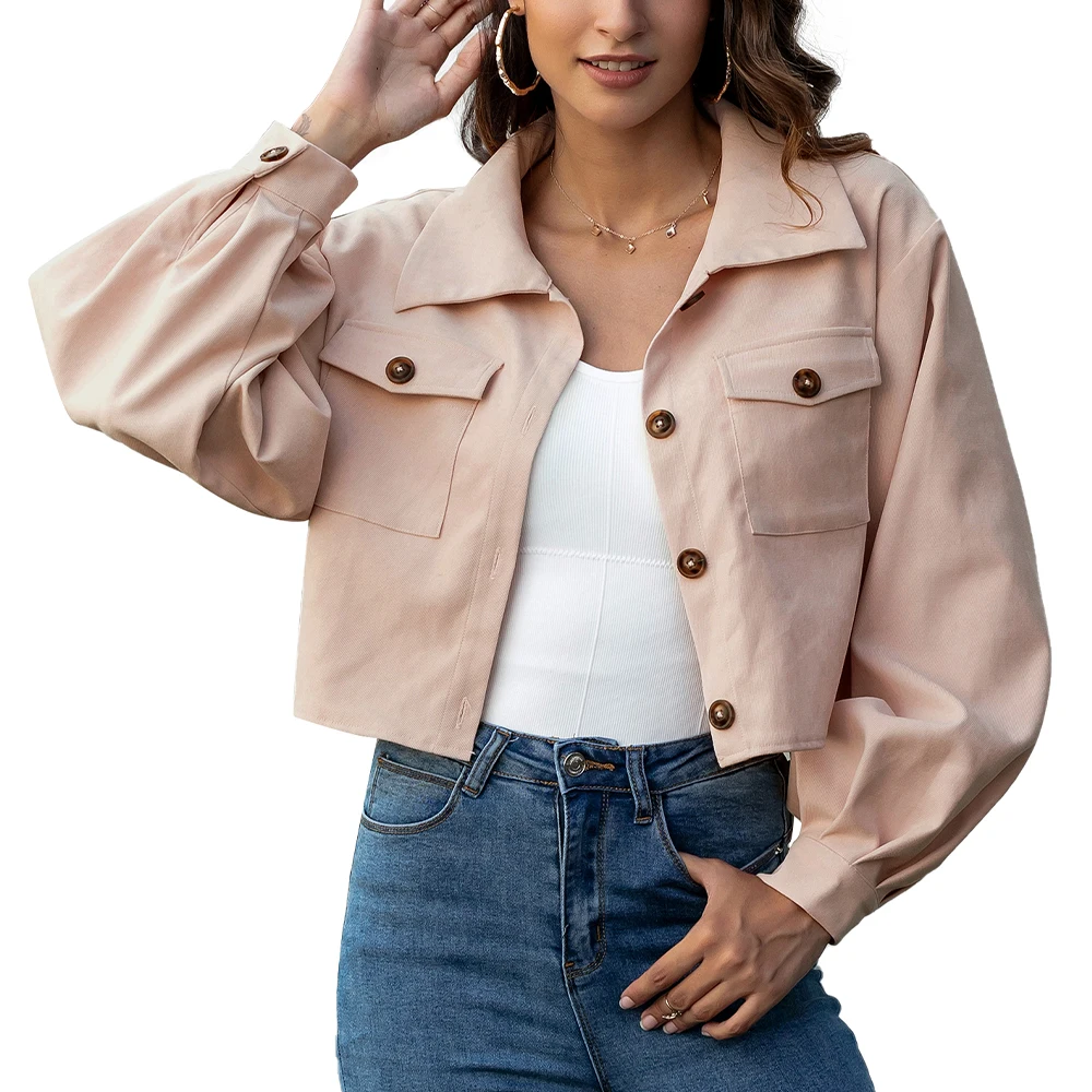 

Autumn Spring Button Jacket Coat Women Solid Pocket Trun-down Collar Long Sleeve Women's Fashion Jacket Top Short Coat