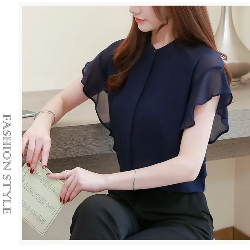 

USOHALL 2021 Summer New Ruffle O-Neck Women's Short Sleeve Chiffon Shirt