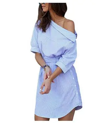 

30pcs/lot one Shoulder Striped Summer Dress Women Sexy Side Split Elegant Half Sleeve Waistband Casual Dress