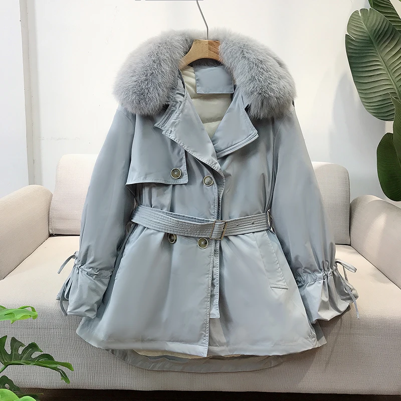 Женская куртка на утином пуху зимнее пальто с воротником из натурального Лисьего