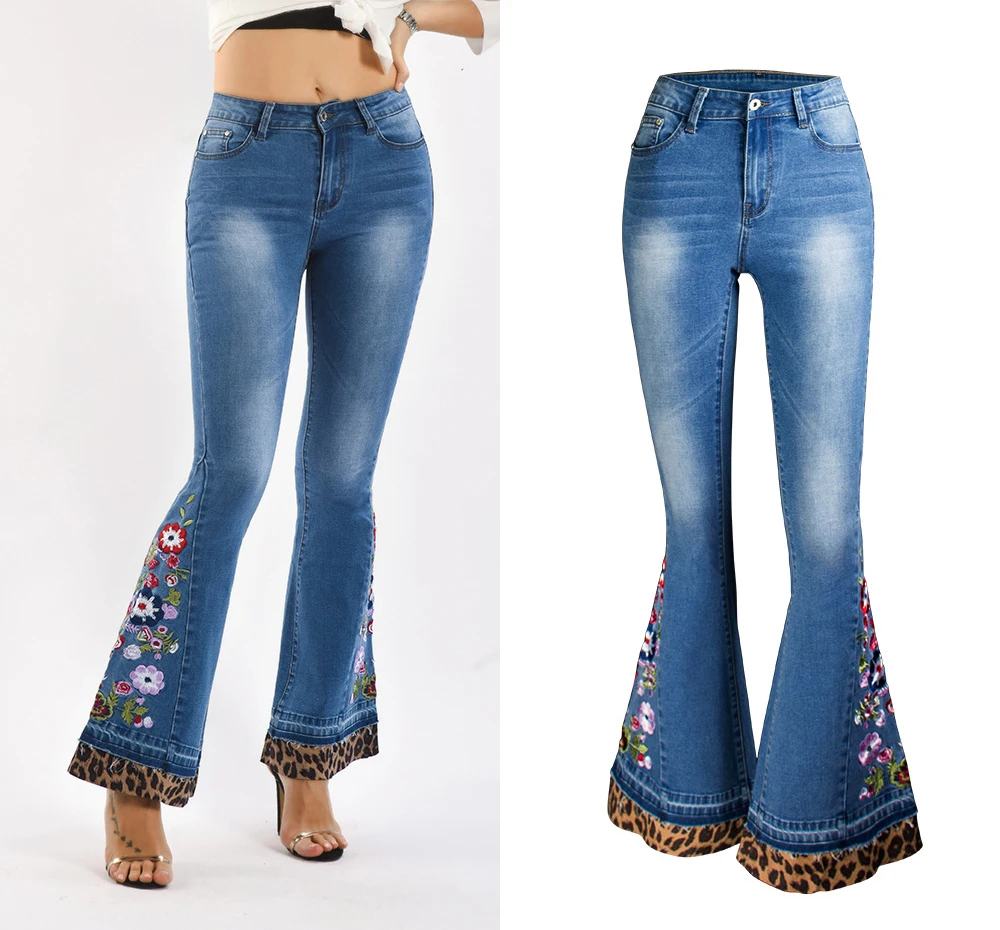 Новые женские Модные расклешенные брюки с вышивкой леопардовые джинсовые 2019
