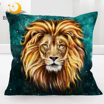 BlessLiving Gold Lion Pillow Cover Artistic Lion Face Cushion Cover 3D Oil Painting Pillow Case Wild Animal Teal Blue 45x45cm 1