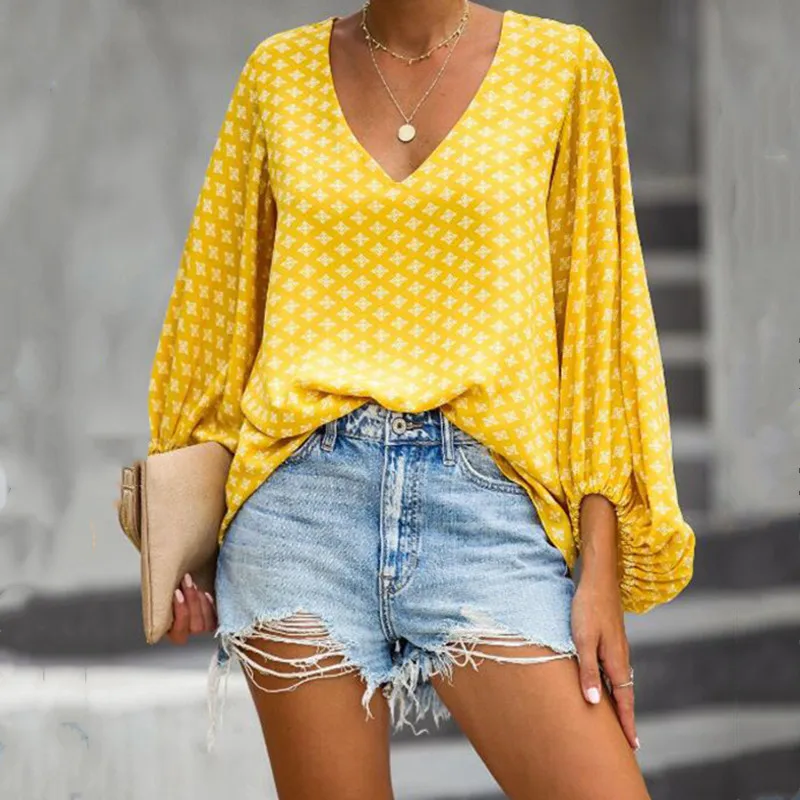 

Женская блуза с цветочным принтом, V-образным вырезом и рукавами-фонариками