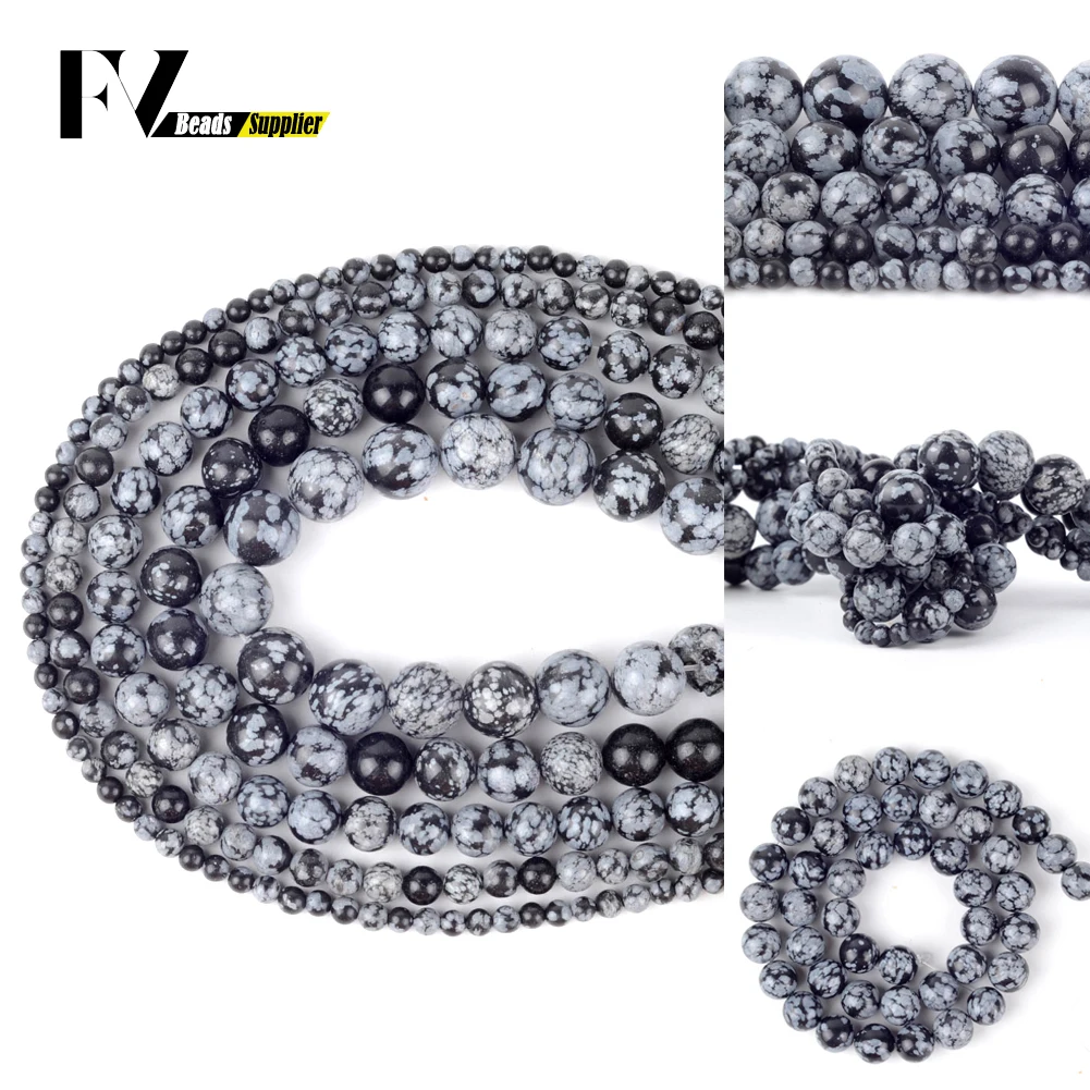 

4-12mm Natural Black Snowflake Jaspers Loose Spacer Round Stone Beads For Jewelry Making DIY Bracelets Necklace Needlework 15"