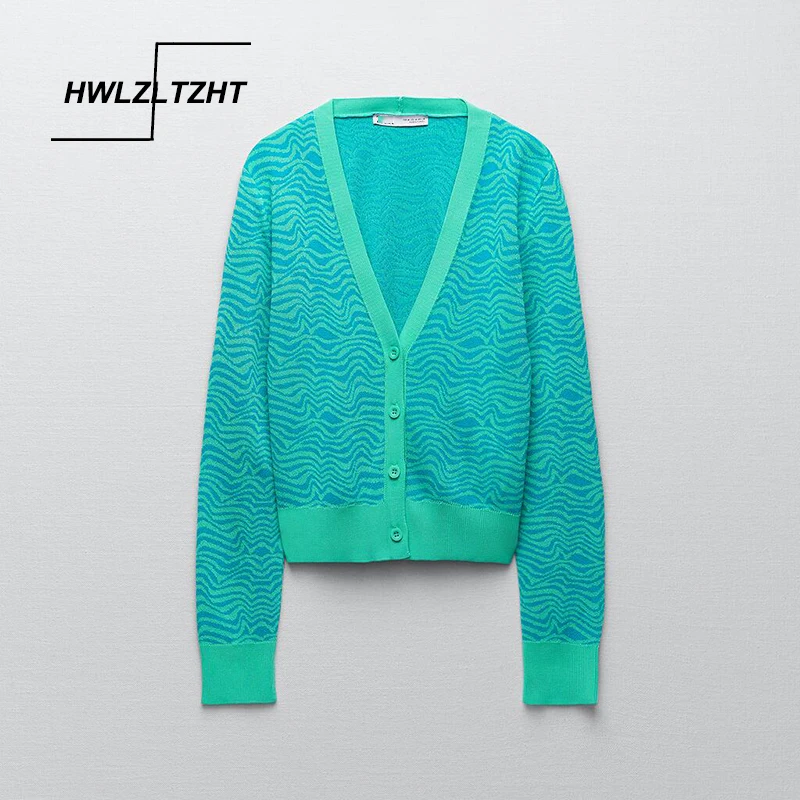 

Вязаный кардиган HWLZLTZHT, Женский жаккардовый Укороченный кардиган, свитер, женский полосатый свитер с длинным рукавом, Женский Топ 2021 Y2K