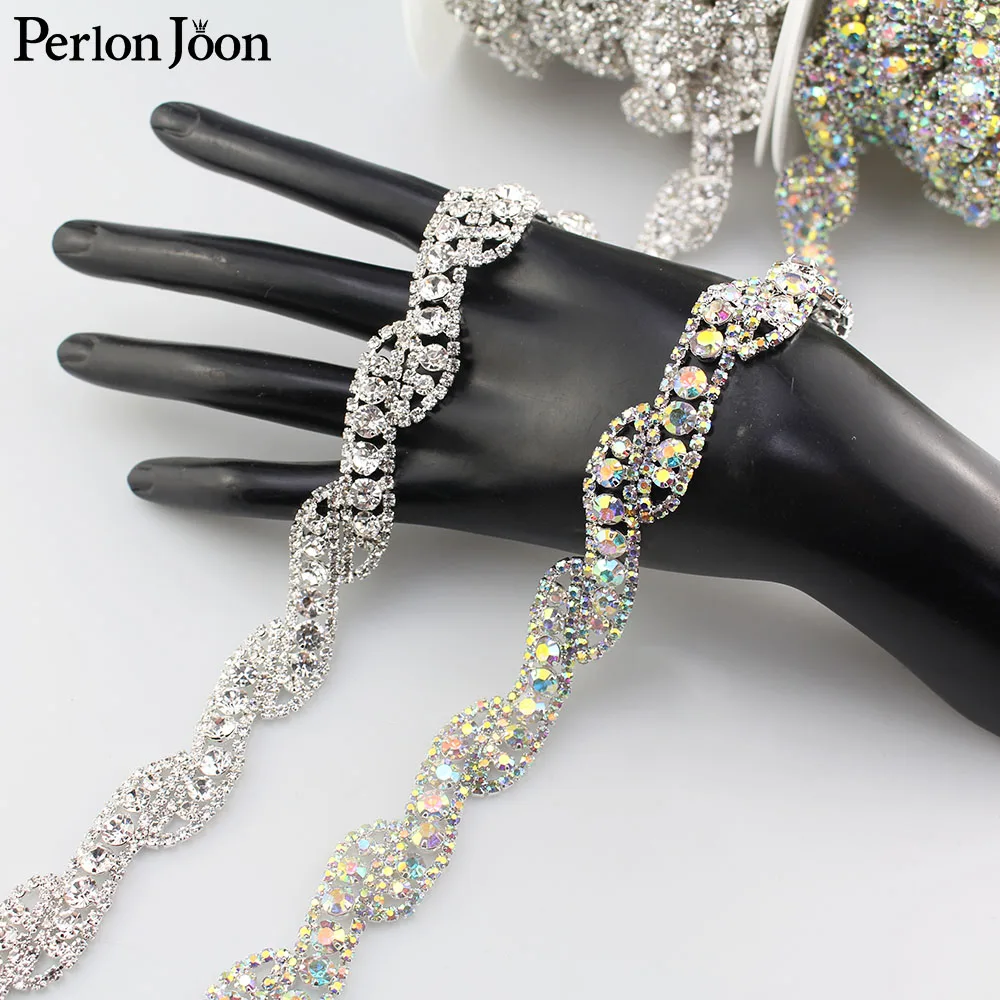 

1 yard silver AB crystal rhinestones trim Ribbon metal chain for Wedding dress, bag, shoes accessories ML052