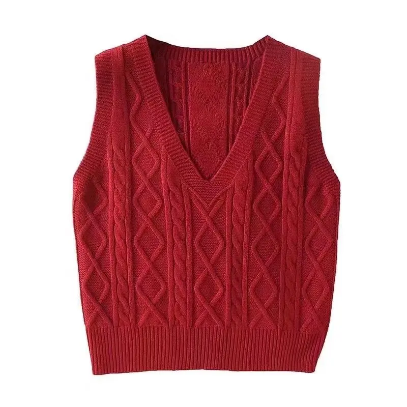 

2021 Autumn Brand Tank Tops Women Casual Red Knitted Twist Vest Sweaters Office Lady Loose V-Neck Sleeveless Waistcoat Pullover