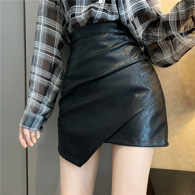 

Winter Casual Solid A-Line Women Skirt PU Leather Sexy Mini Package Hip Skirts Club Vogue Above Knee High Waist Free shipping