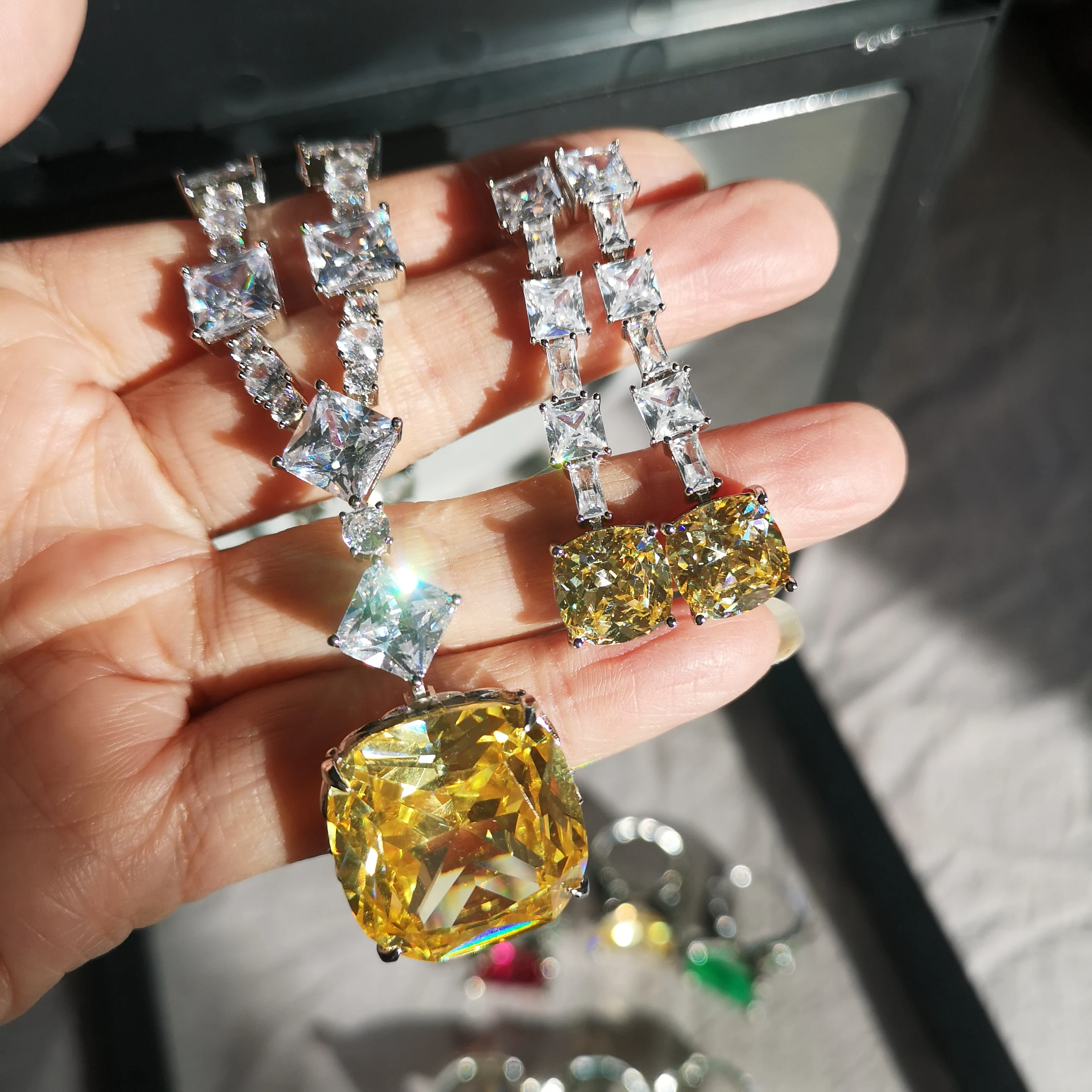 KQDANCE crea zaffiro tormalina Paraiba orecchini con diamanti collana in pietra blu/gialla set di gioielli in argento placcato oro per donna