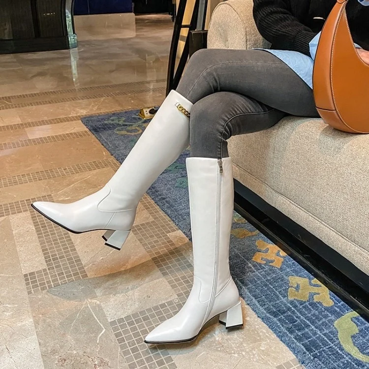 

2021 new cowhide women's boots pointed high barrel Knight boots thick middle heel boots