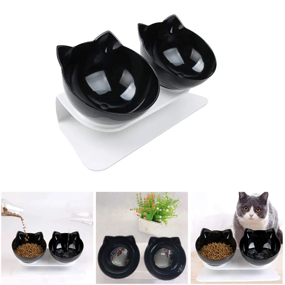 

Pet Bebedero Non-Slip Cat Water Bowl Dog Food Feeder 15 Degree Tilted Miska Platform Feeding Double Adjustable Black 2PCS