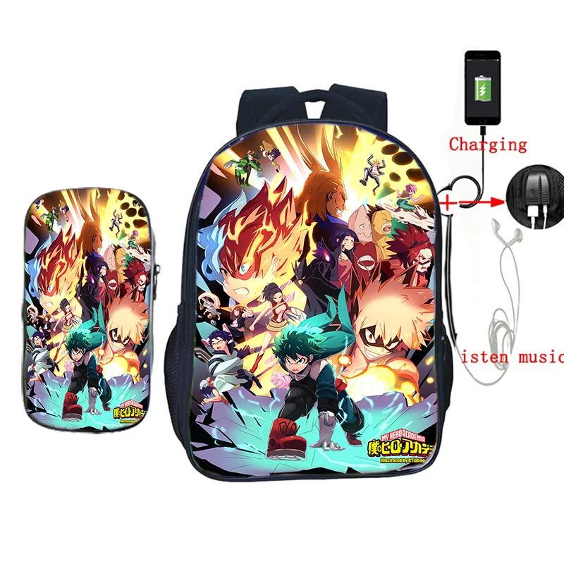 

Anime My Hero Academia Backpack 2 Pcs/Set Students 3D Izuku Deku School Bag Travel Rucksack Zipper USB Charge Knapsack Mochila