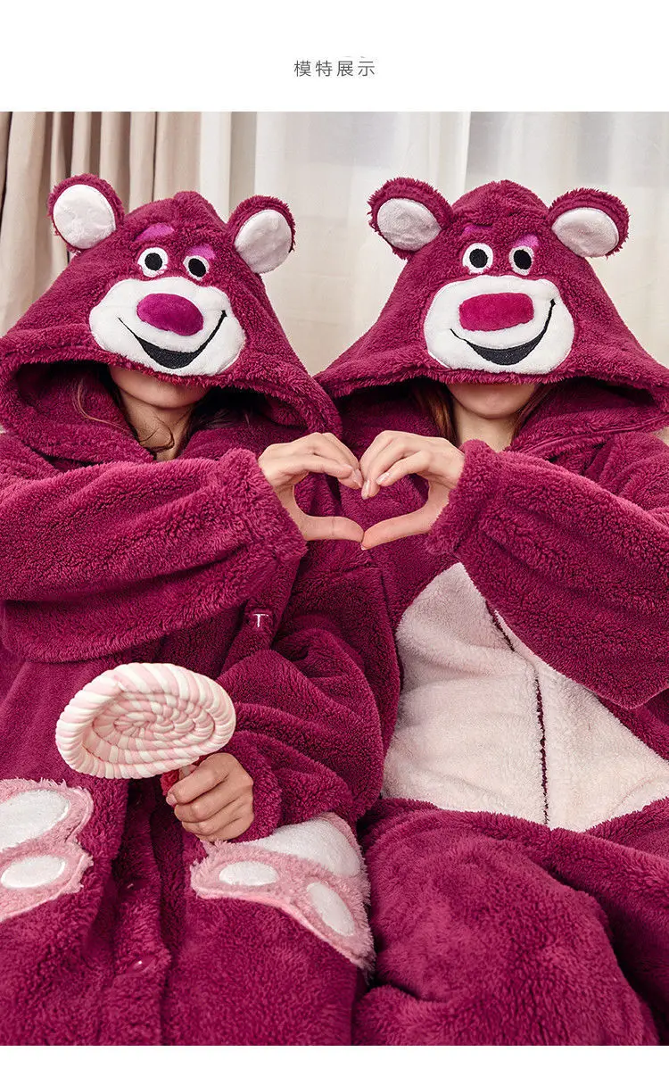 Women Onesies Pajamas Strawberry Bear Kigurumi Thick Coral Velvet Loungewear Women's Home Wear One-piece Jumpsuit for Winter