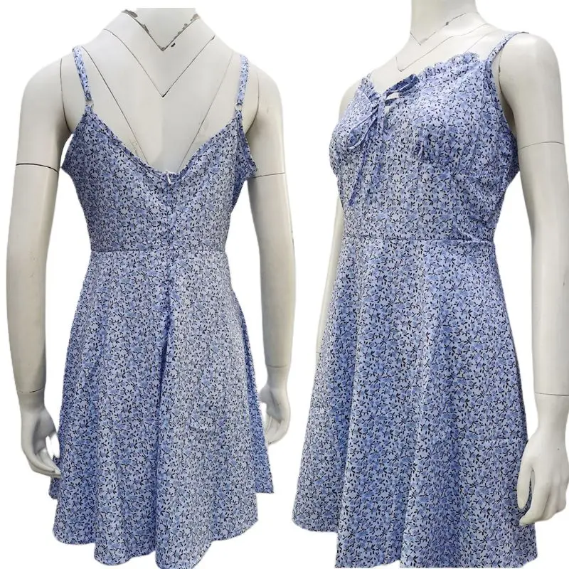 Women Summer Spaghetti Strap Flowy Mini Sling Dress Boho Floral Printed Lace-Up Ruffles Sexy V-Neck Beach Sundress Vestido | Женская