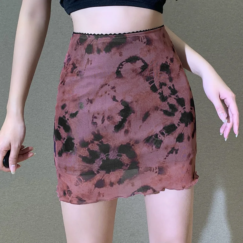

2021 Summer New Style Skirt Y2K Women's Fashion Stitching Thin Mesh Printed Skirt Women