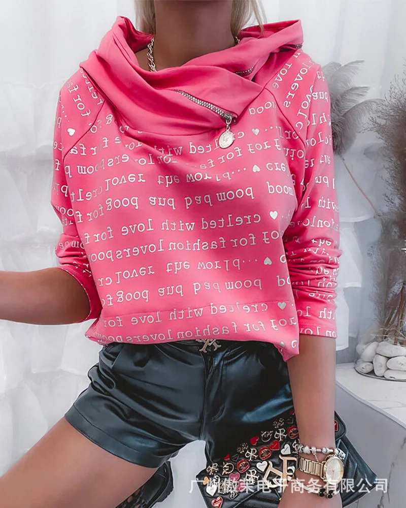 

2021 Autumn New Long Sleeve Zipper Letter Printed Hoodie Women Casual Loose Pullover Top Fashion Woman Sweatshirt